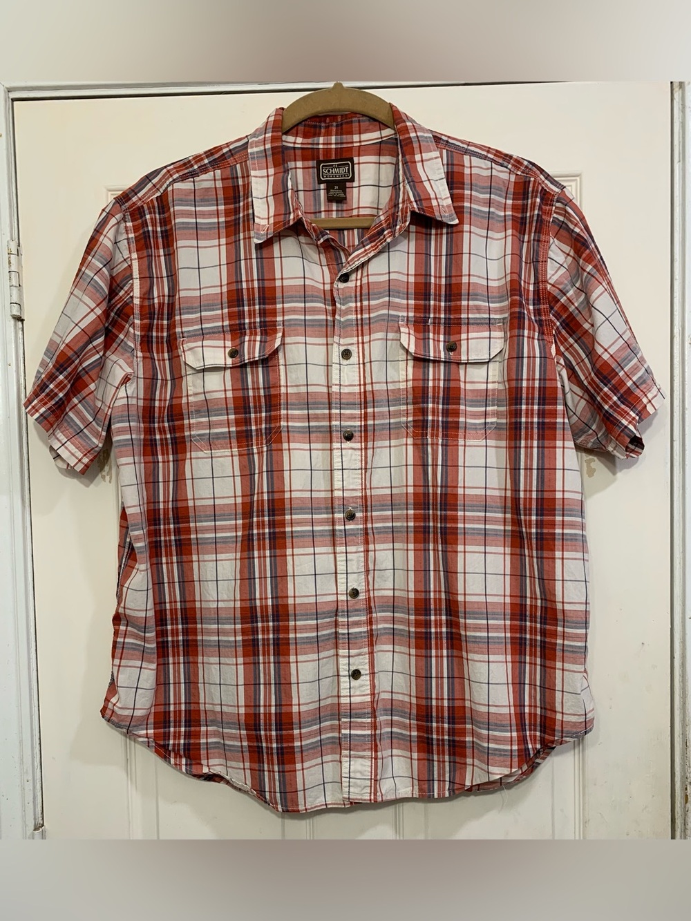 Schmidt Mens Red Plaid Short Sleeve 2x Button Down Work Shirt.              3344